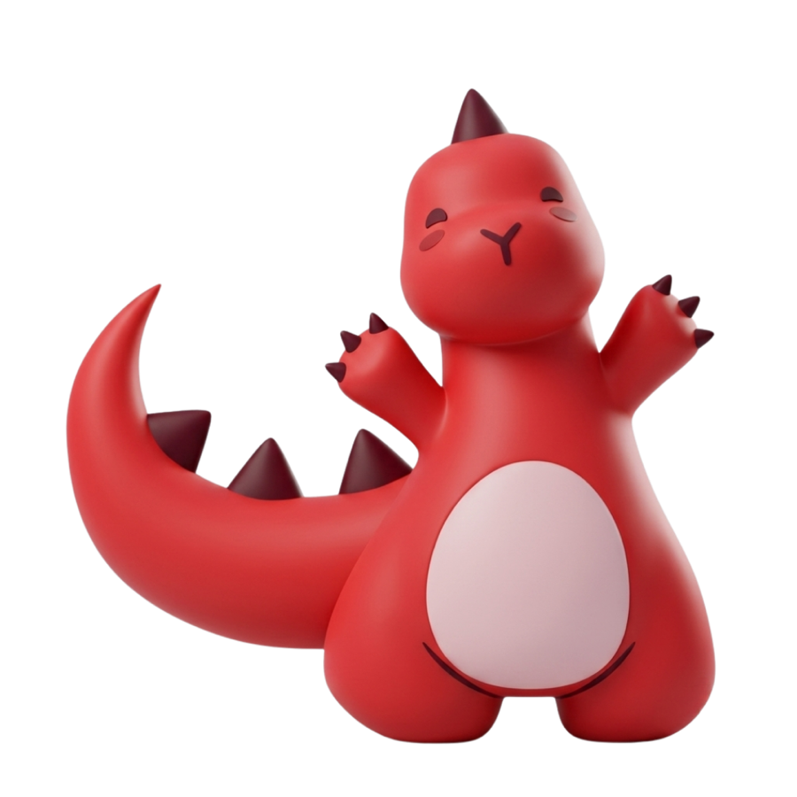 El Matesaurio, la mascota de Bourbaki: un dinosaurio rojo de juguete con los brazos abiertos.